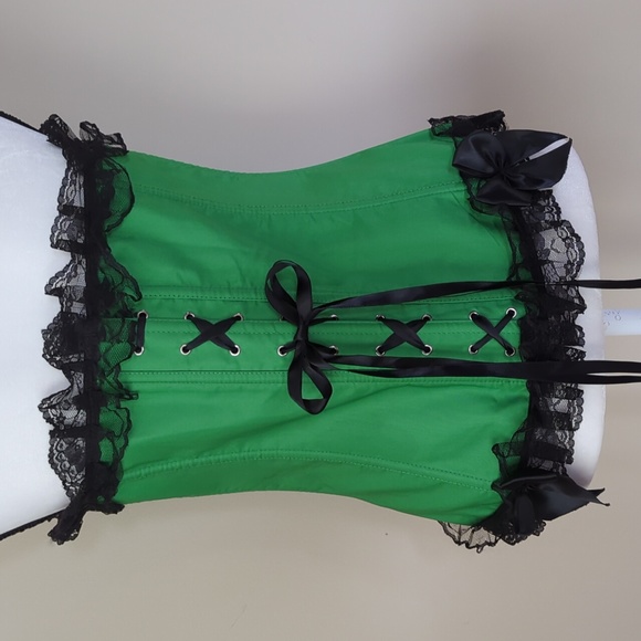 Strapless Lace Ruffle Lace Up Corset With Panty Lingerie Plus 4XL Green Black - Picture 11 of 16